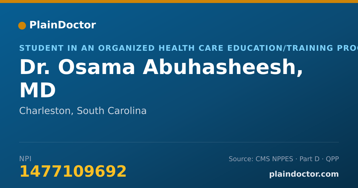 Shareable card for Osama Abuhasheesh, MD - Student in an Organized Health Care Education/Training Program, Charleston, SC
