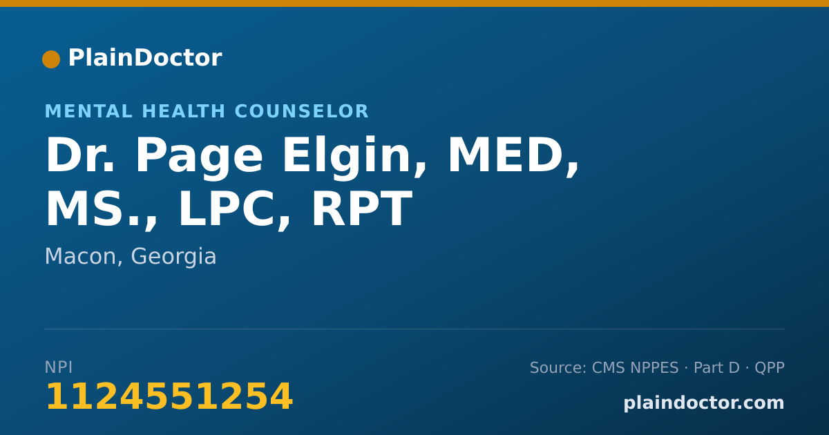 Shareable card for Page Elgin, MED, MS., LPC, RPT - Mental Health Counselor, Macon, GA
