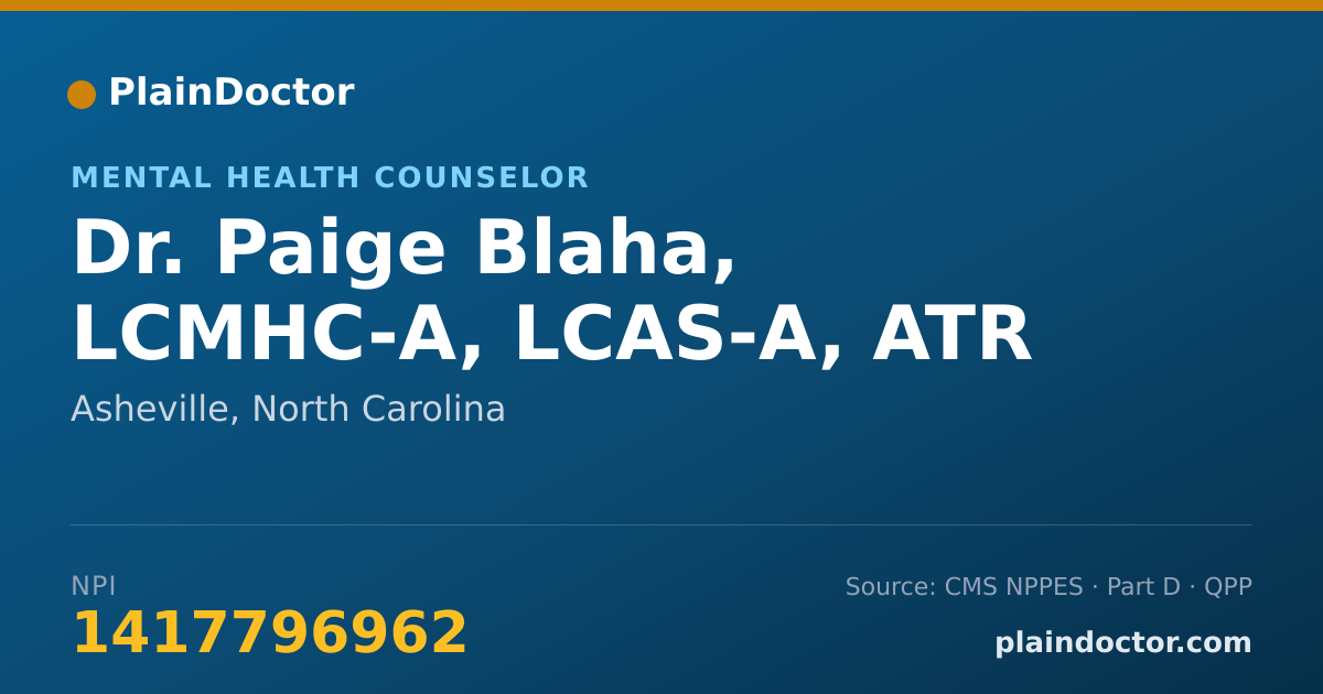 Shareable card for Paige Blaha, LCMHC-A, LCAS-A, ATR - Mental Health Counselor, Asheville, NC