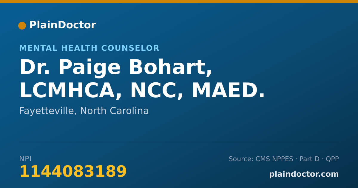 Shareable card for Paige Bohart, LCMHCA, NCC, MAED. - Mental Health Counselor, Fayetteville, NC