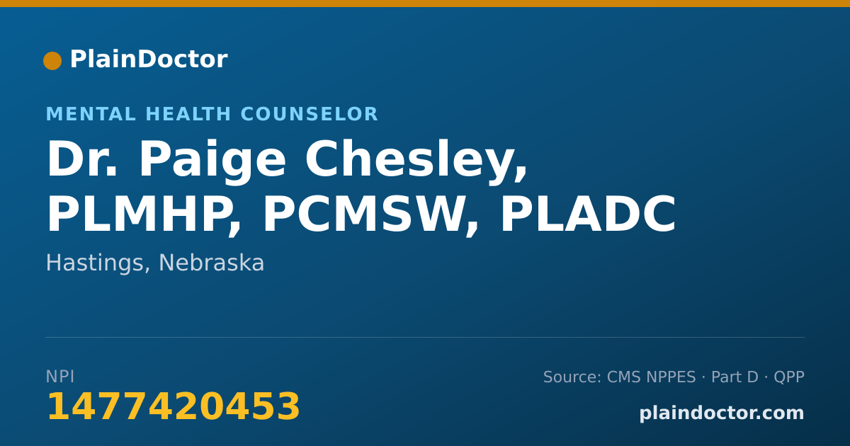 Shareable card for Paige Chesley, PLMHP, PCMSW, PLADC - Mental Health Counselor, Hastings, NE