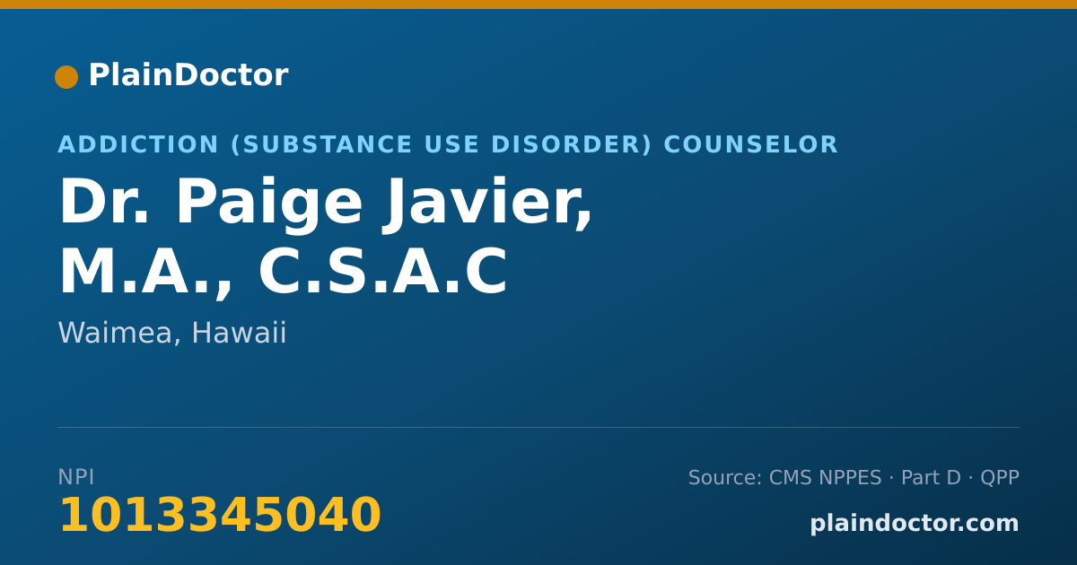 Shareable card for Paige Javier, M.A., C.S.A.C - Addiction (Substance Use Disorder) Counselor, Waimea, HI