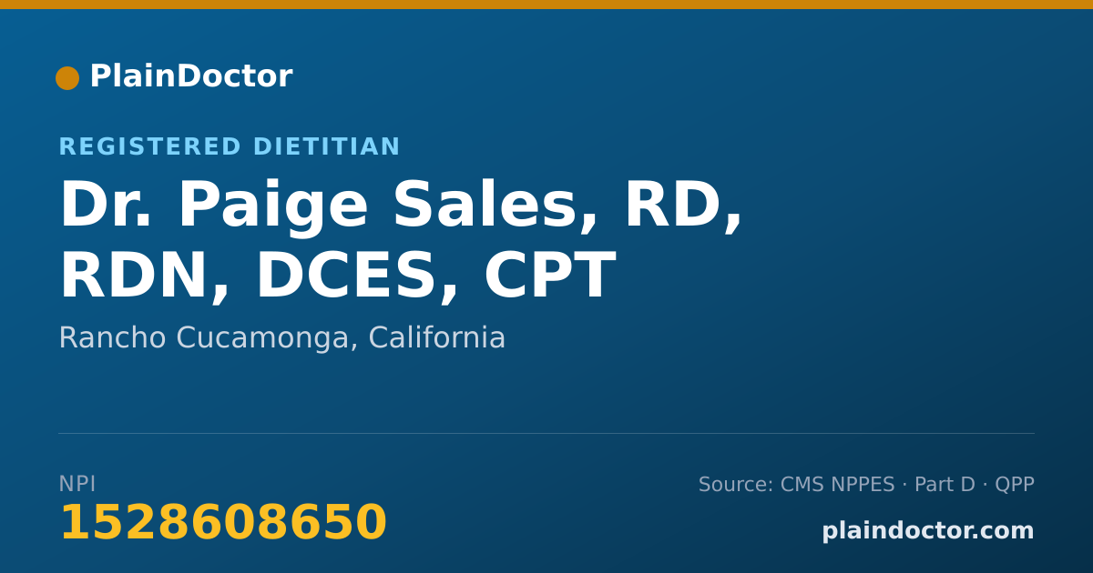 Shareable card for Paige Sales, RD, RDN, DCES, CPT - Registered Dietitian, Rancho Cucamonga, CA