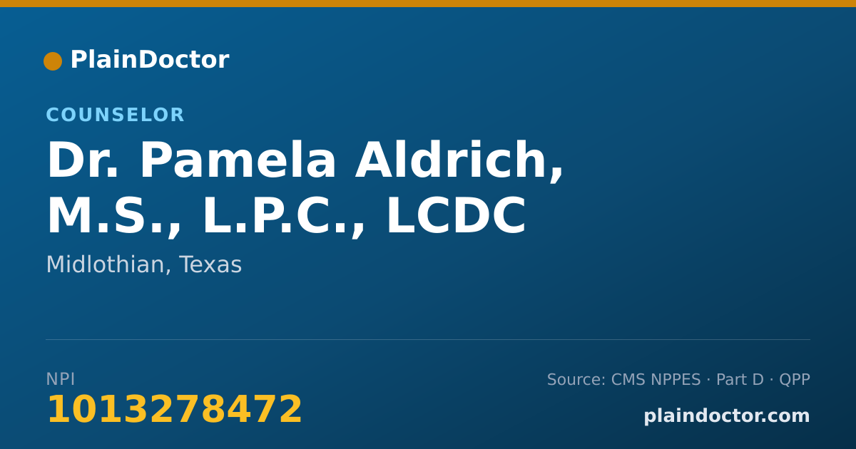 Shareable card for Pamela Aldrich, M.S., L.P.C., LCDC - Counselor, Midlothian, TX