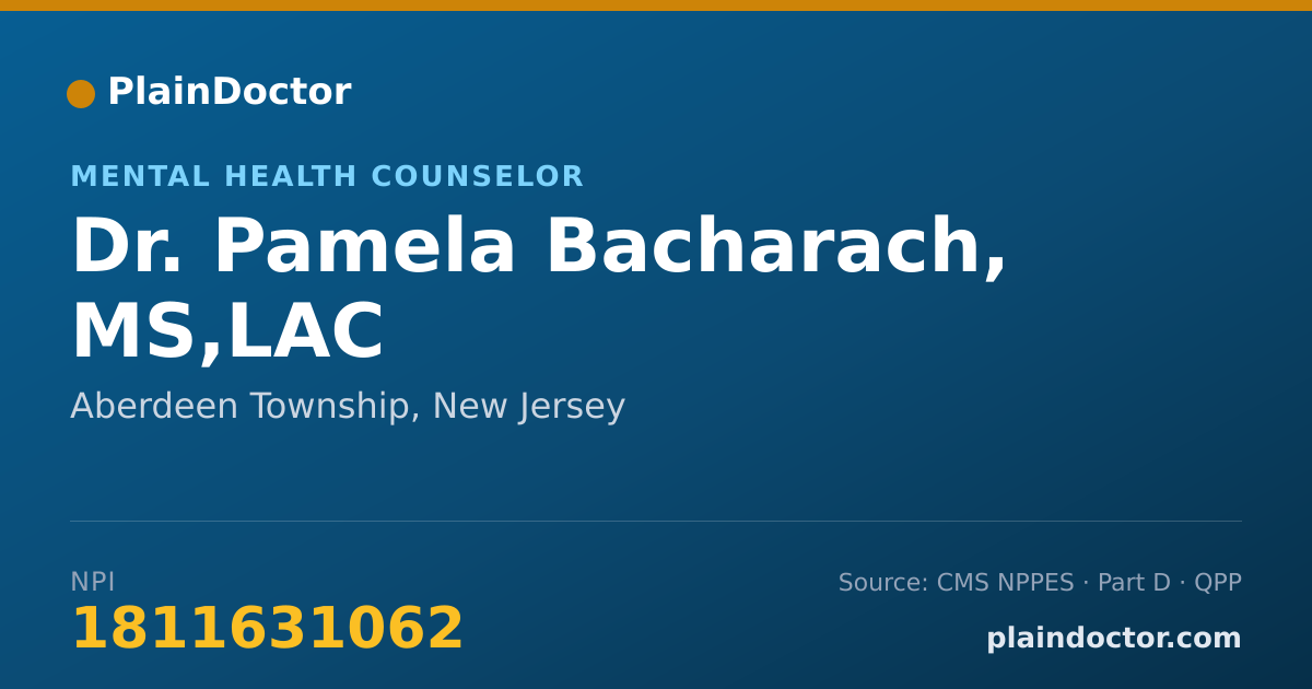 Shareable card for Pamela Bacharach, MS,LAC - Mental Health Counselor, Aberdeen Township, NJ
