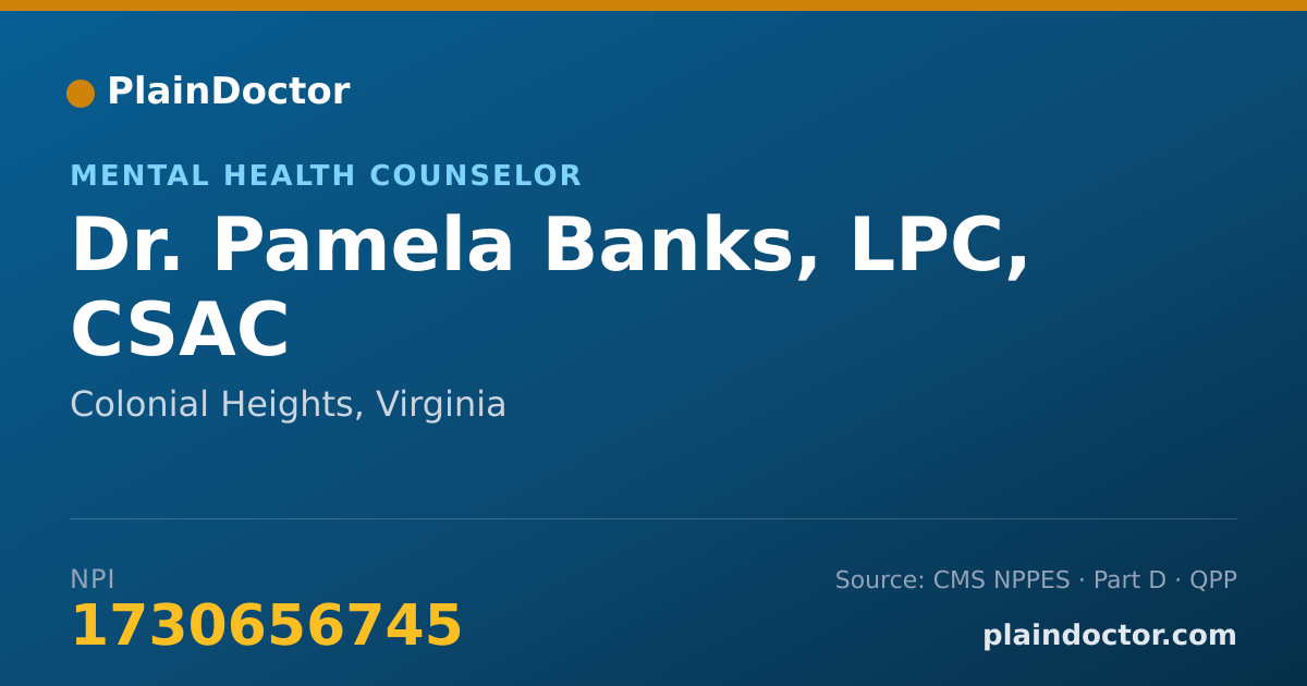 Shareable card for Pamela Banks, LPC, CSAC - Mental Health Counselor, Colonial Heights, VA