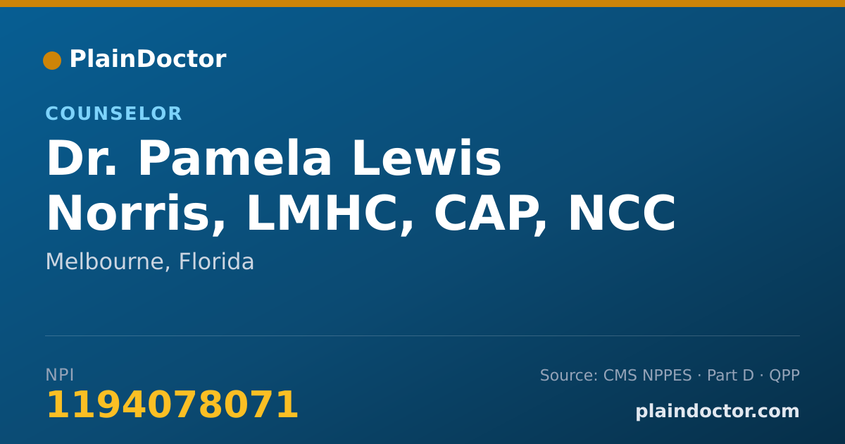 Shareable card for Pamela Lewis Norris, LMHC, CAP, NCC - Counselor, Melbourne, FL