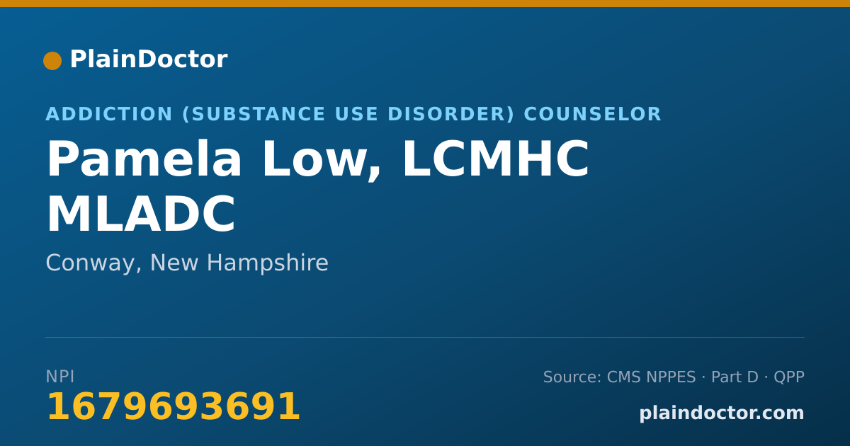 Shareable card for Pamela Low, LCMHC MLADC - Addiction (Substance Use Disorder) Counselor, Conway, NH