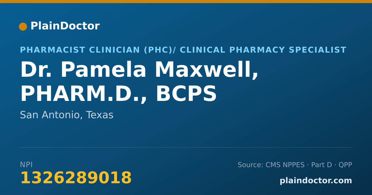 Shareable card for Pamela Maxwell, PHARM.D., BCPS - Pharmacist Clinician (PhC)/ Clinical Pharmacy Specialist, San Antonio, TX