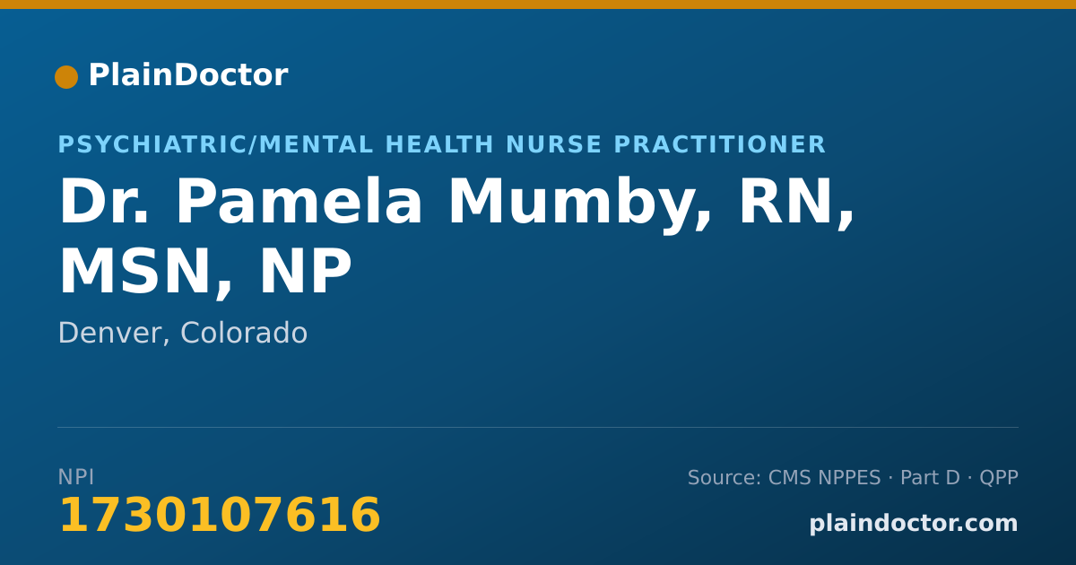 Shareable card for Pamela Mumby, RN, MSN, NP - Psychiatric/Mental Health Nurse Practitioner, Denver, CO
