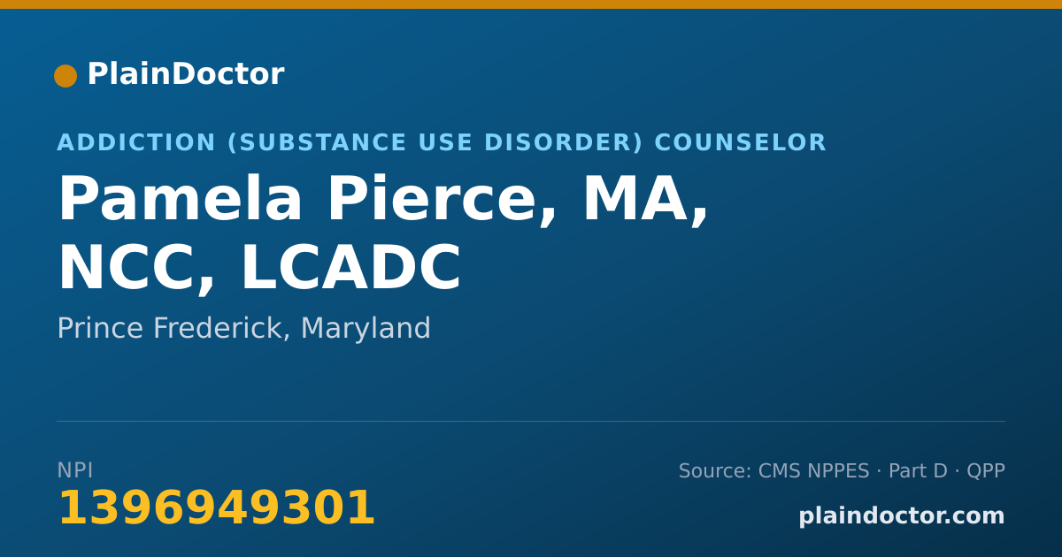 Shareable card for Pamela Pierce, MA, NCC, LCADC - Addiction (Substance Use Disorder) Counselor, Prince Frederick, MD