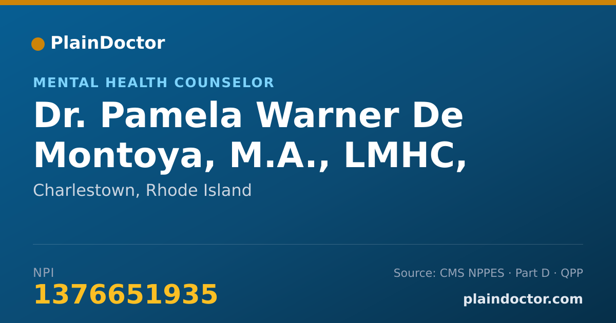 Shareable card for Pamela Warner De Montoya, M.A., LMHC, C.A.G.S. - Mental Health Counselor, Charlestown, RI