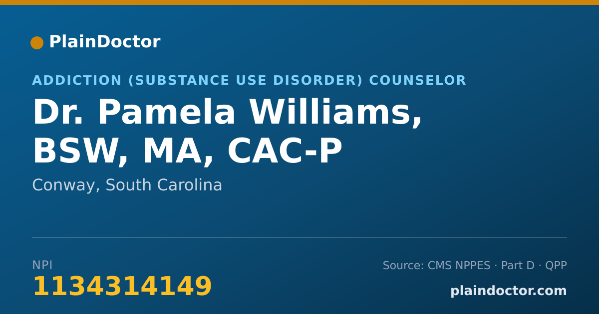 Shareable card for Pamela Williams, BSW, MA, CAC-P - Addiction (Substance Use Disorder) Counselor, Conway, SC