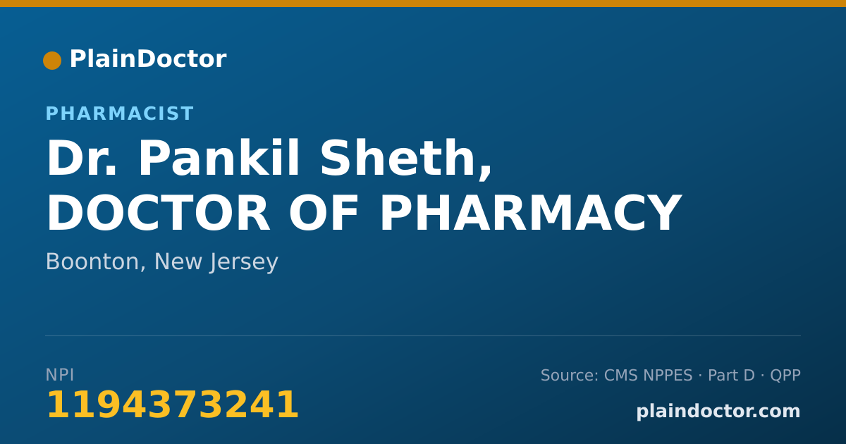Shareable card for Pankil Sheth, DOCTOR OF PHARMACY - Pharmacist, Boonton, NJ