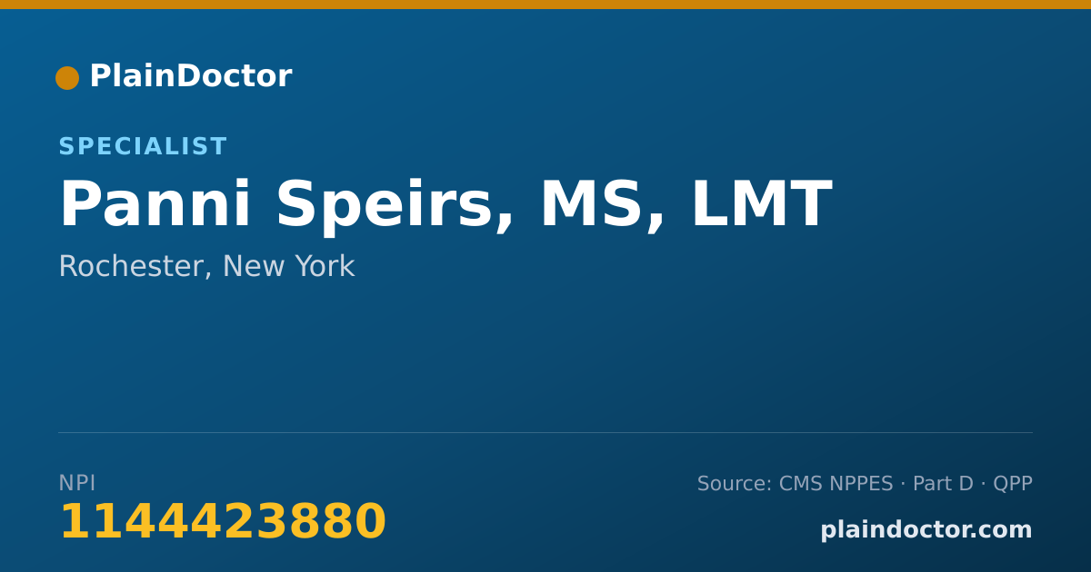 Shareable card for Panni Speirs, MS,  LMT - Specialist, Rochester, NY