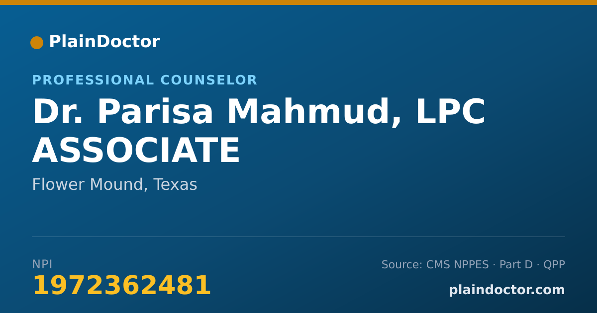 Shareable card for Parisa Mahmud, LPC ASSOCIATE - Professional Counselor, Flower Mound, TX