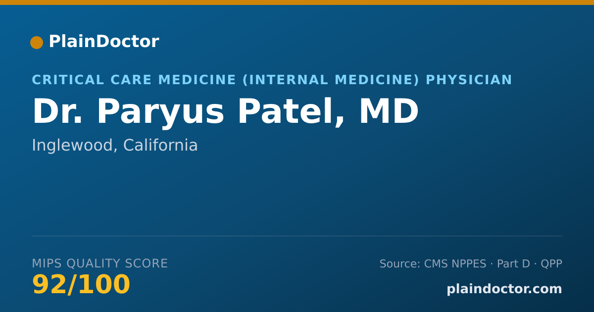 Shareable card for Paryus Patel, MD - Critical Care Medicine (Internal Medicine) Physician, Inglewood, CA