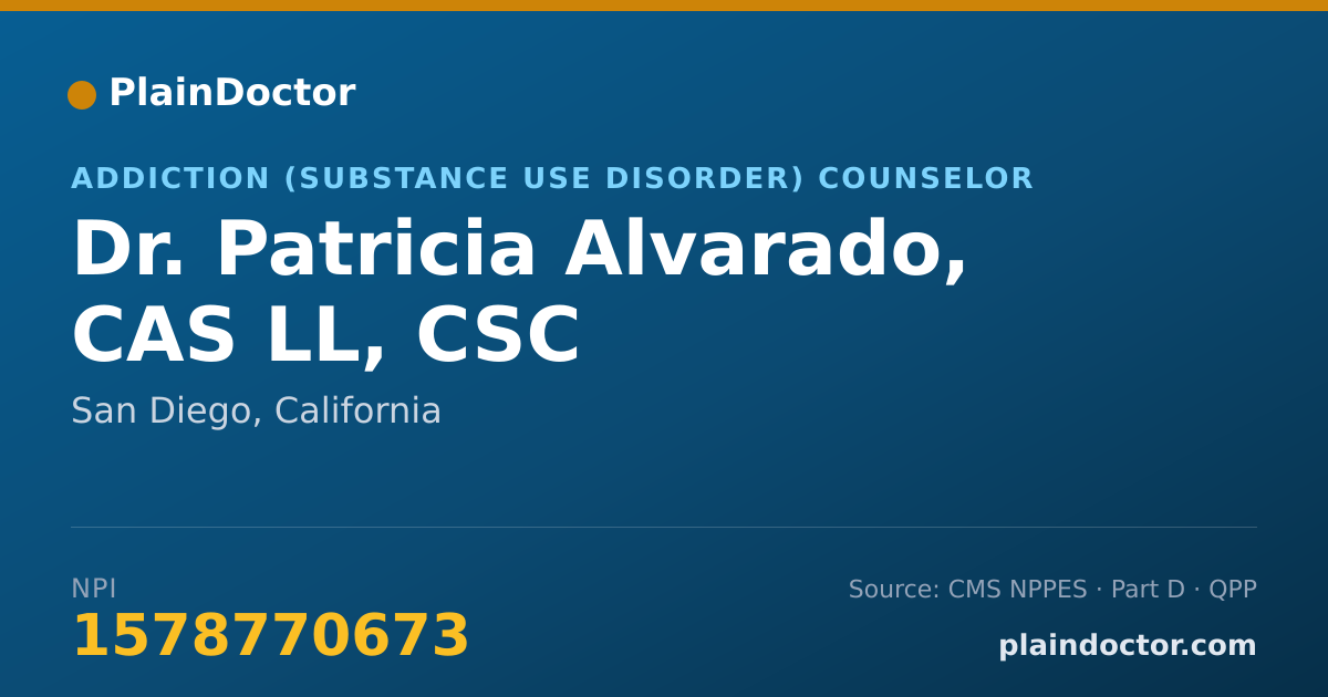 Shareable card for Patricia Alvarado, CAS LL, CSC - Addiction (Substance Use Disorder) Counselor, San Diego, CA