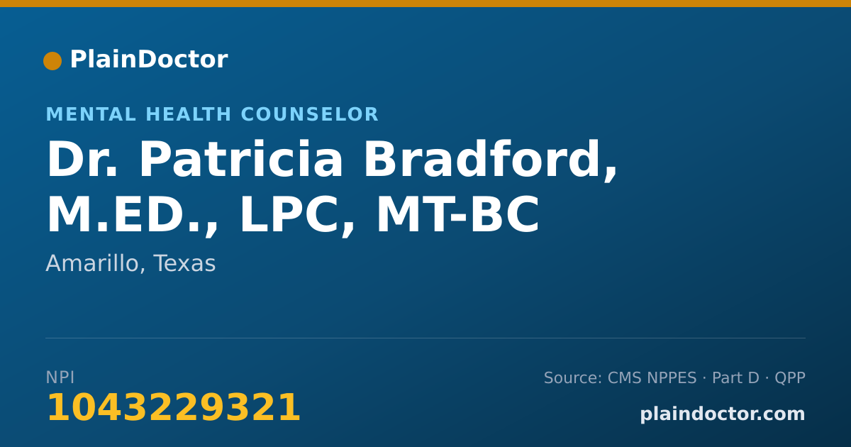 Shareable card for Patricia Bradford, M.ED., LPC, MT-BC - Mental Health Counselor, Amarillo, TX