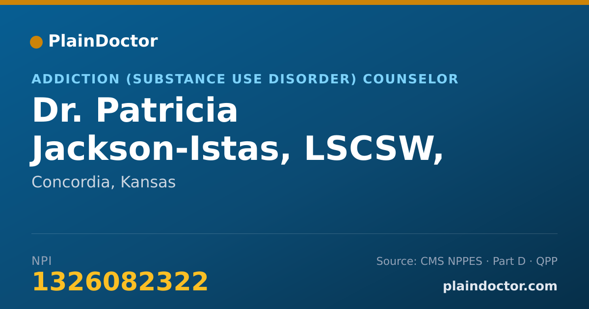 Shareable card for Patricia Jackson-Istas, LSCSW, LCAC - Addiction (Substance Use Disorder) Counselor, Concordia, KS