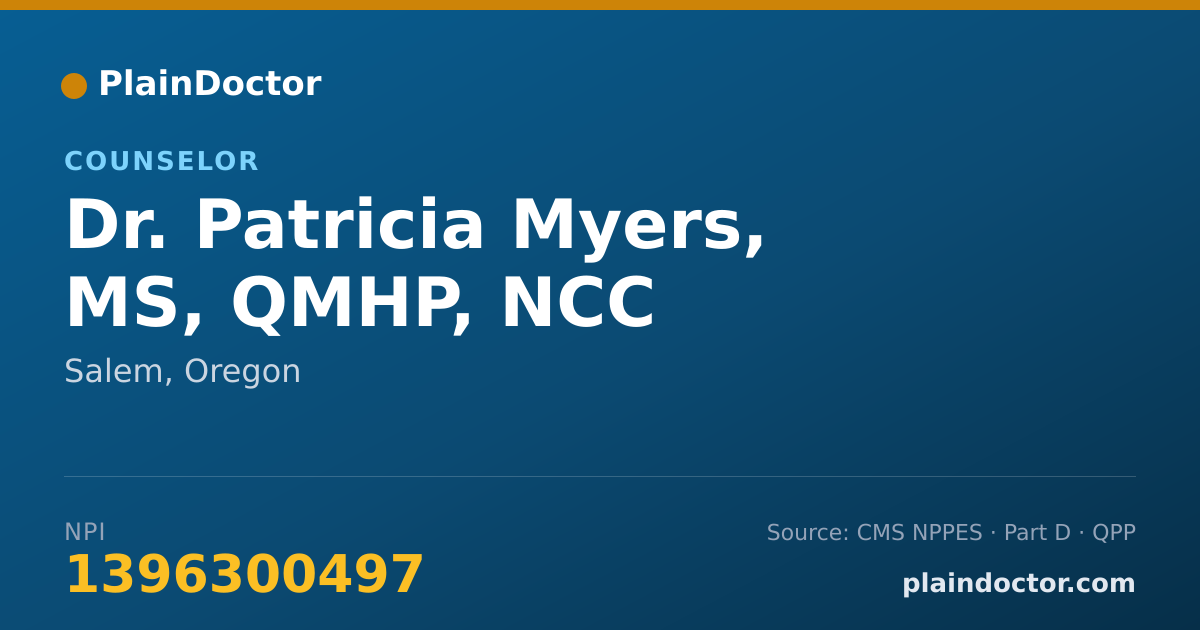 Shareable card for Patricia Myers, MS, QMHP, NCC - Counselor, Salem, OR