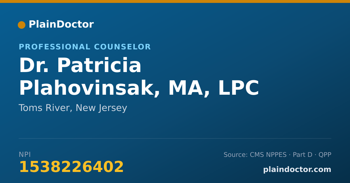 Shareable card for Patricia Plahovinsak, MA, LPC - Professional Counselor, Toms River, NJ