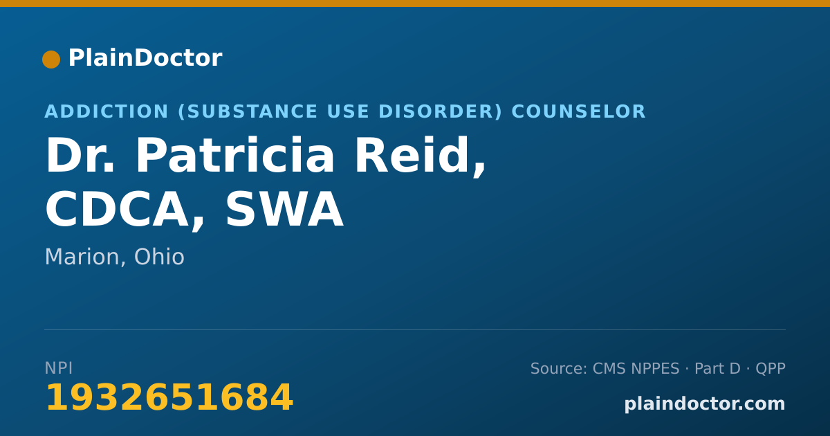 Shareable card for Patricia Reid, CDCA, SWA - Addiction (Substance Use Disorder) Counselor, Marion, OH