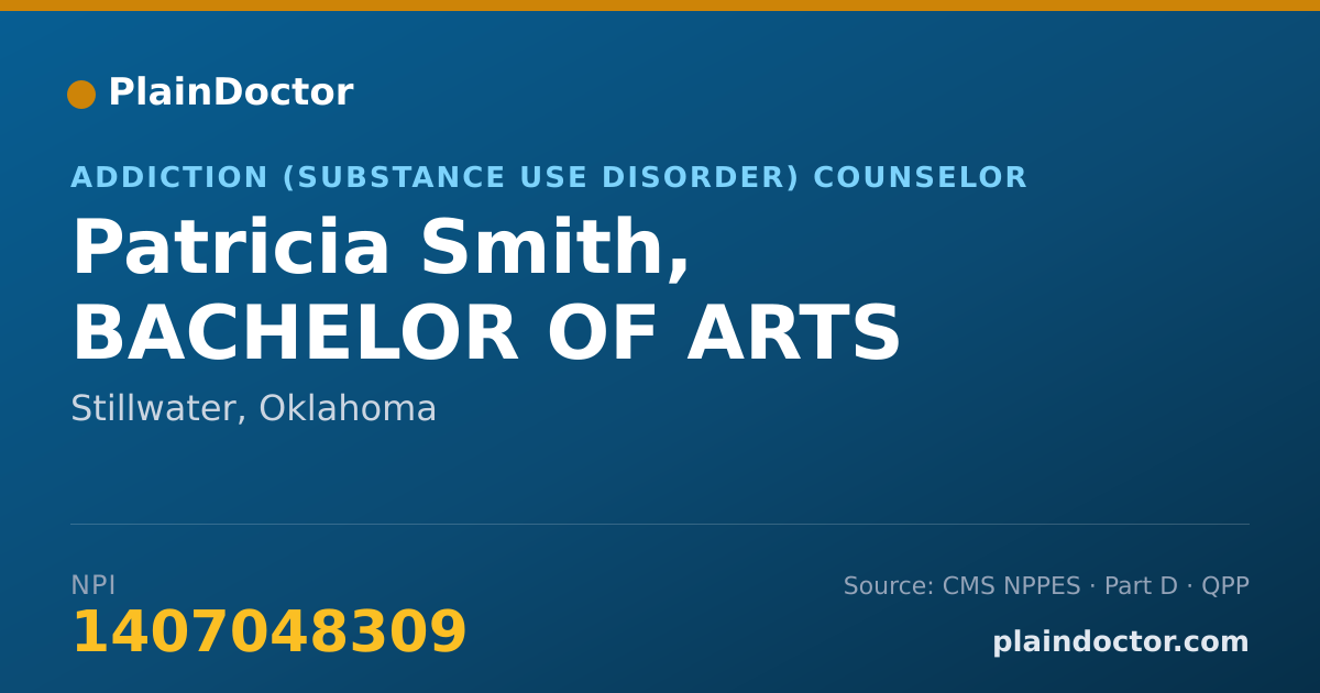 Shareable card for Patricia Smith, BACHELOR OF ARTS - Addiction (Substance Use Disorder) Counselor, Stillwater, OK
