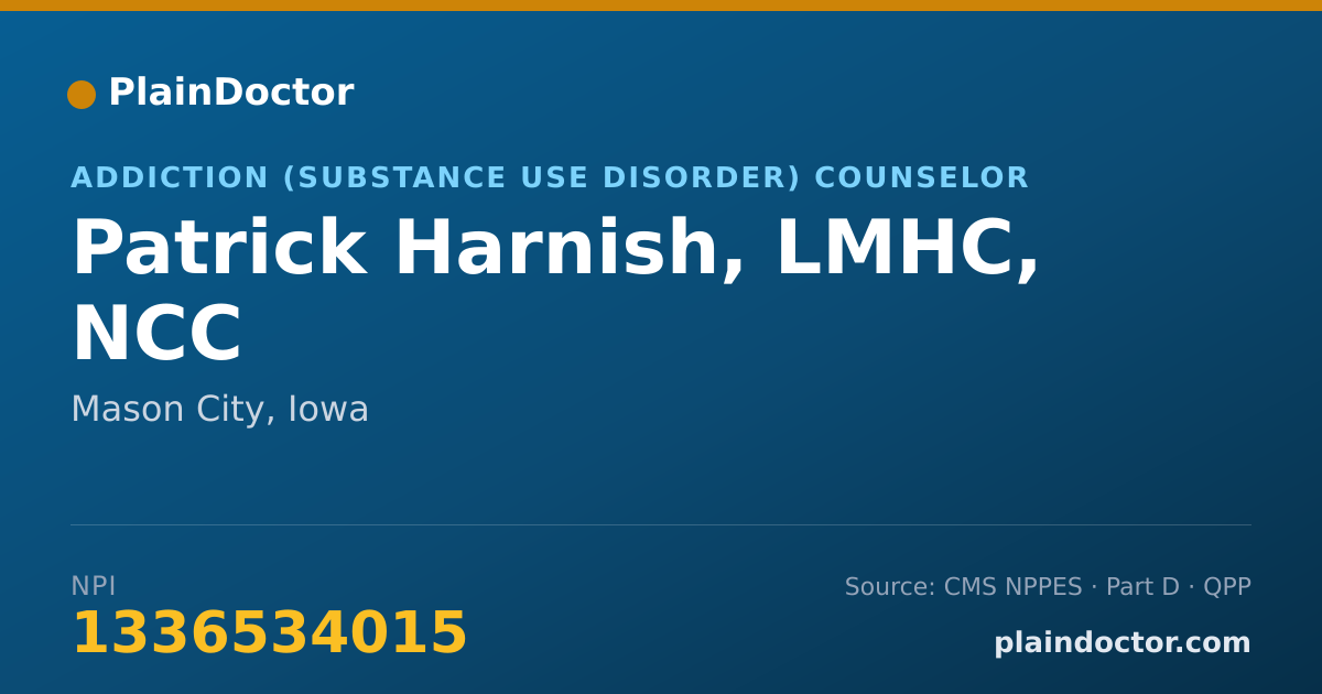 Shareable card for Patrick Harnish, LMHC, NCC - Addiction (Substance Use Disorder) Counselor, Mason City, IA