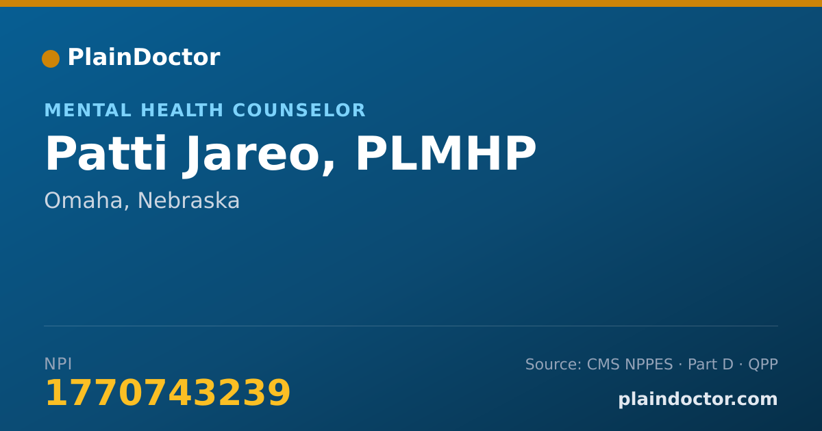 Shareable card for Patti Jareo, PLMHP - Mental Health Counselor, Omaha, NE