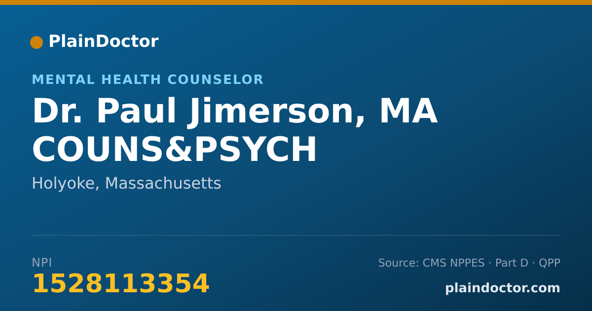 Shareable card for Paul Jimerson, MA COUNS&PSYCH - Mental Health Counselor, Holyoke, MA
