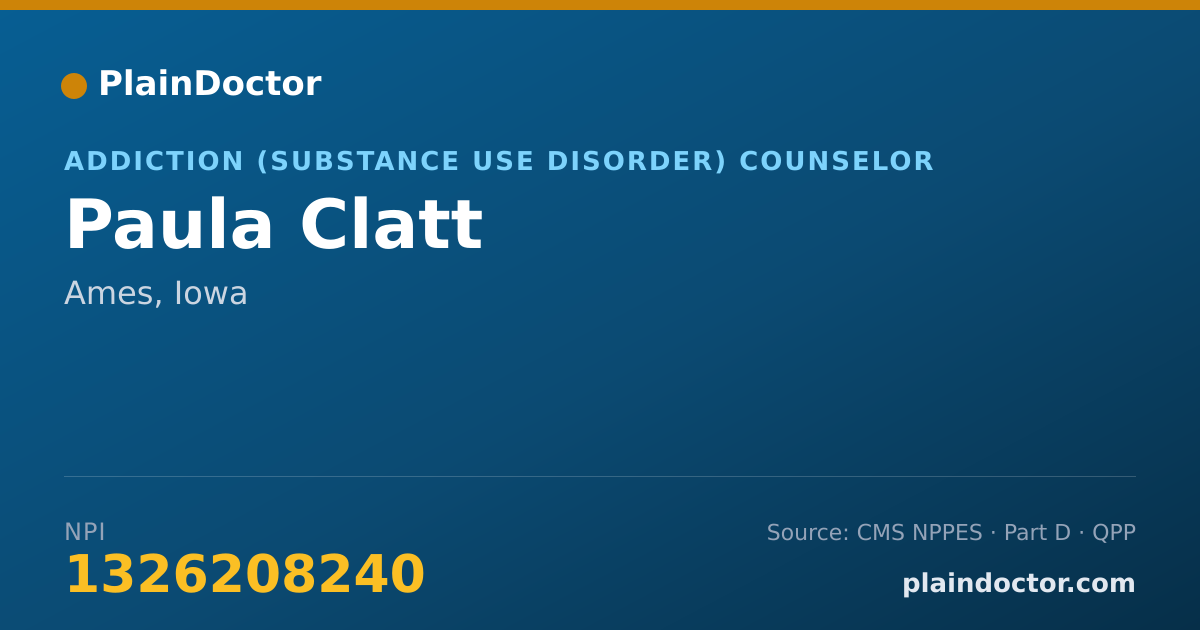 Shareable card for Paula Clatt - Addiction (Substance Use Disorder) Counselor, Ames, IA