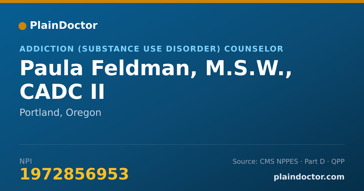 Shareable card for Paula Feldman, M.S.W., CADC II - Addiction (Substance Use Disorder) Counselor, Portland, OR
