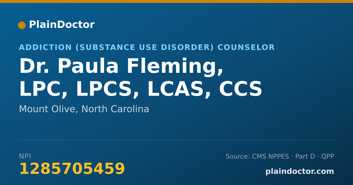 Shareable card for Paula Fleming, LPC, LPCS, LCAS, CCS - Addiction (Substance Use Disorder) Counselor, Mount Olive, NC