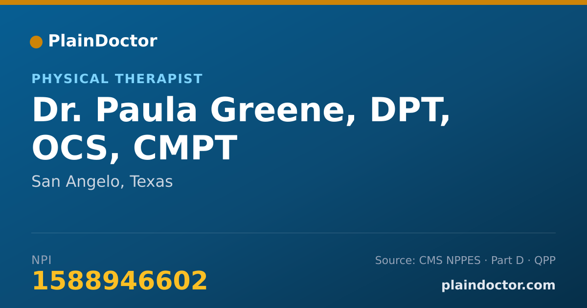 Shareable card for Paula Greene, DPT,  OCS, CMPT - Physical Therapist, San Angelo, TX
