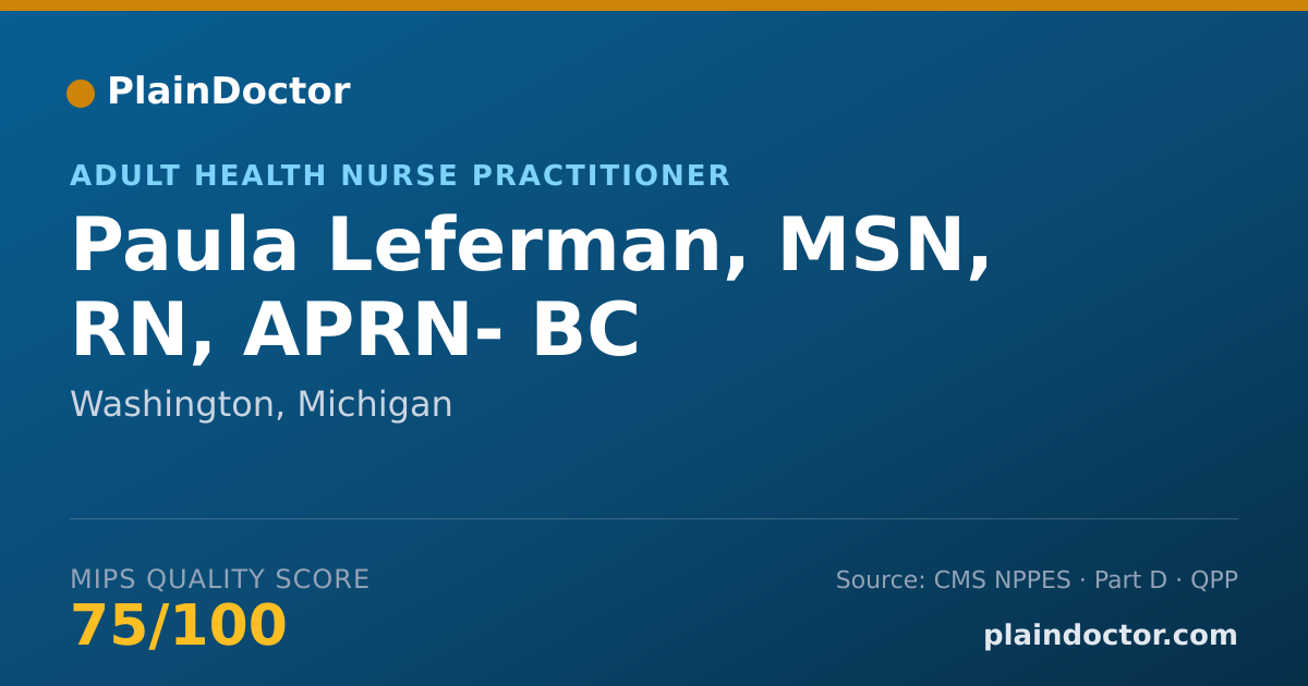 Shareable card for Paula Leferman, MSN, RN, APRN- BC - Adult Health Nurse Practitioner, Washington, MI