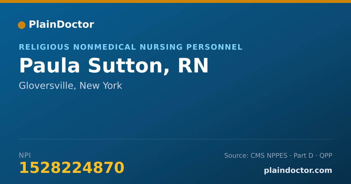 Shareable card for Paula Sutton, RN - Religious Nonmedical Nursing Personnel, Gloversville, NY