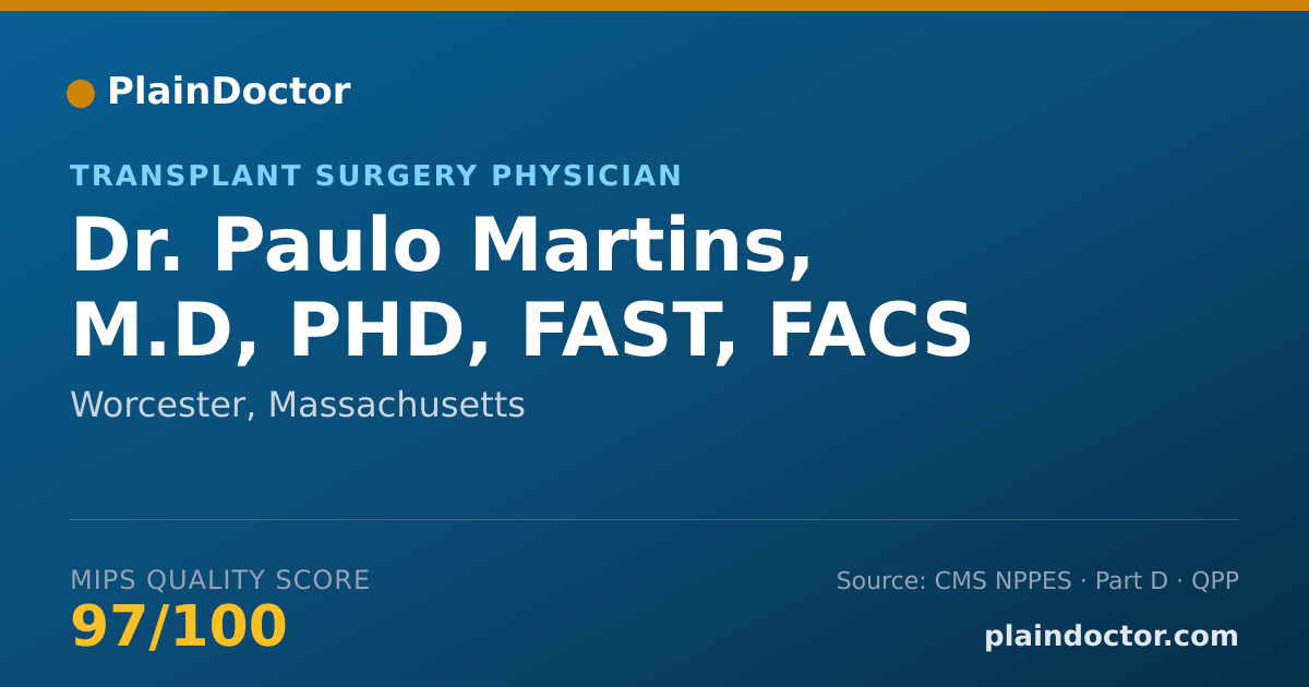 Shareable card for Paulo Martins, M.D, PHD, FAST, FACS - Transplant Surgery Physician, Worcester, MA
