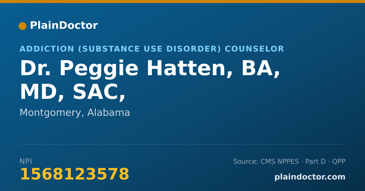 Shareable card for Peggie Hatten, BA, MD, SAC, - Addiction (Substance Use Disorder) Counselor, Montgomery, AL