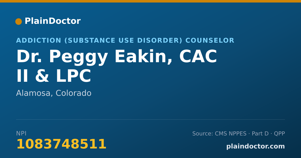 Shareable card for Peggy Eakin, CAC II & LPC - Addiction (Substance Use Disorder) Counselor, Alamosa, CO