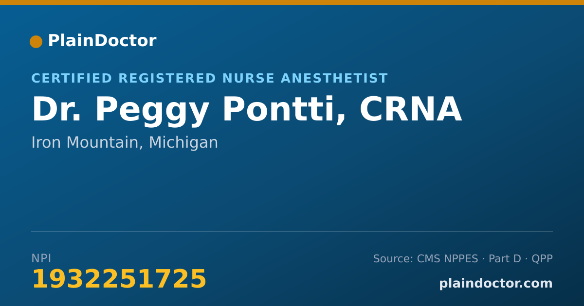 Shareable card for Peggy Pontti, CRNA - Certified Registered Nurse Anesthetist, Iron Mountain, MI