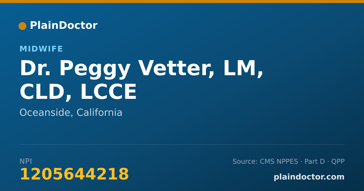 Shareable card for Peggy Vetter, LM,  CLD, LCCE - Midwife, Oceanside, CA