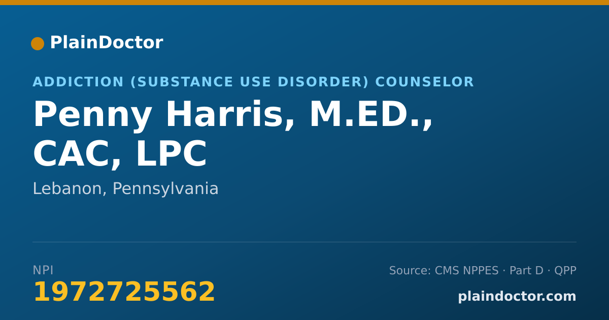 Shareable card for Penny Harris, M.ED., CAC, LPC - Addiction (Substance Use Disorder) Counselor, Lebanon, PA