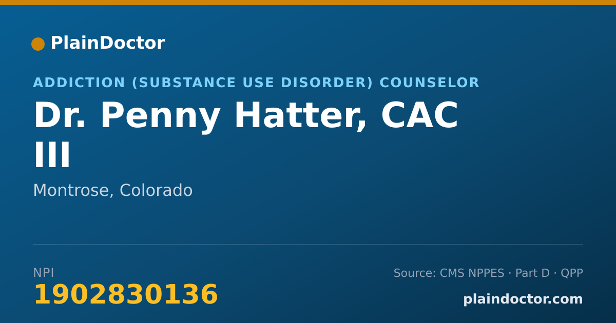 Shareable card for Penny Hatter, CAC III - Addiction (Substance Use Disorder) Counselor, Montrose, CO