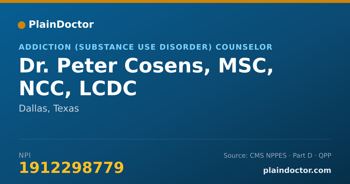 Shareable card for Peter Cosens, MSC, NCC, LCDC - Addiction (Substance Use Disorder) Counselor, Dallas, TX