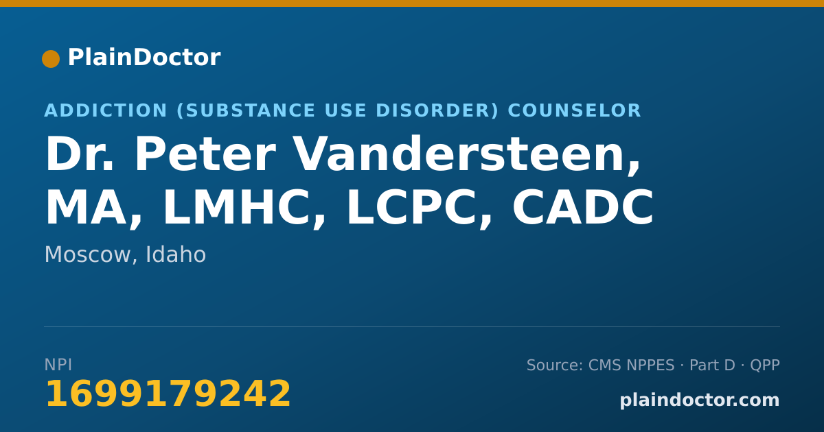 Shareable card for Peter Vandersteen, MA, LMHC, LCPC, CADC - Addiction (Substance Use Disorder) Counselor, Moscow, ID