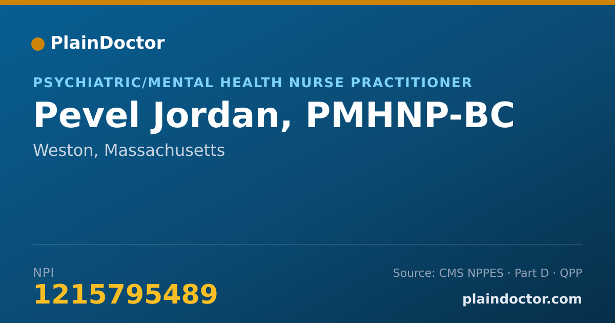 Shareable card for Pevel Jordan, PMHNP-BC - Psychiatric/Mental Health Nurse Practitioner, Weston, MA