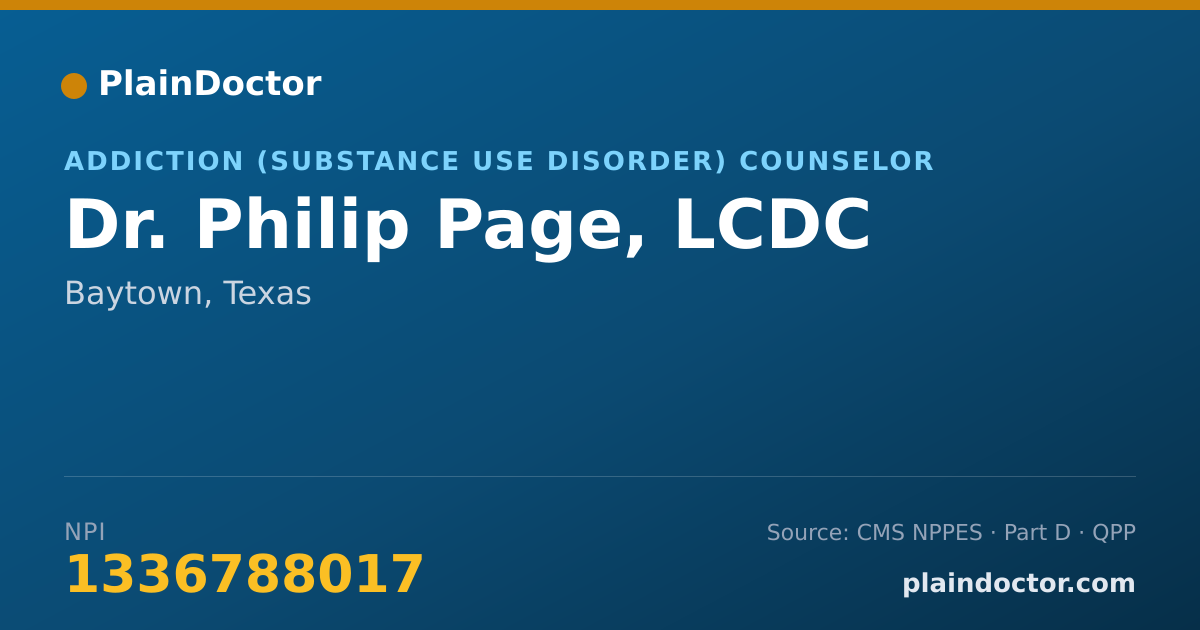 Shareable card for Philip Page, LCDC - Addiction (Substance Use Disorder) Counselor, Baytown, TX