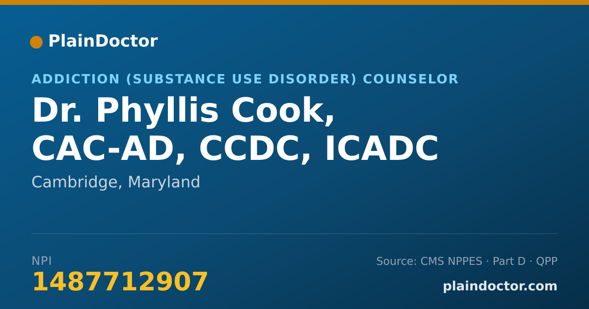 Shareable card for Phyllis Cook, CAC-AD, CCDC, ICADC - Addiction (Substance Use Disorder) Counselor, Cambridge, MD
