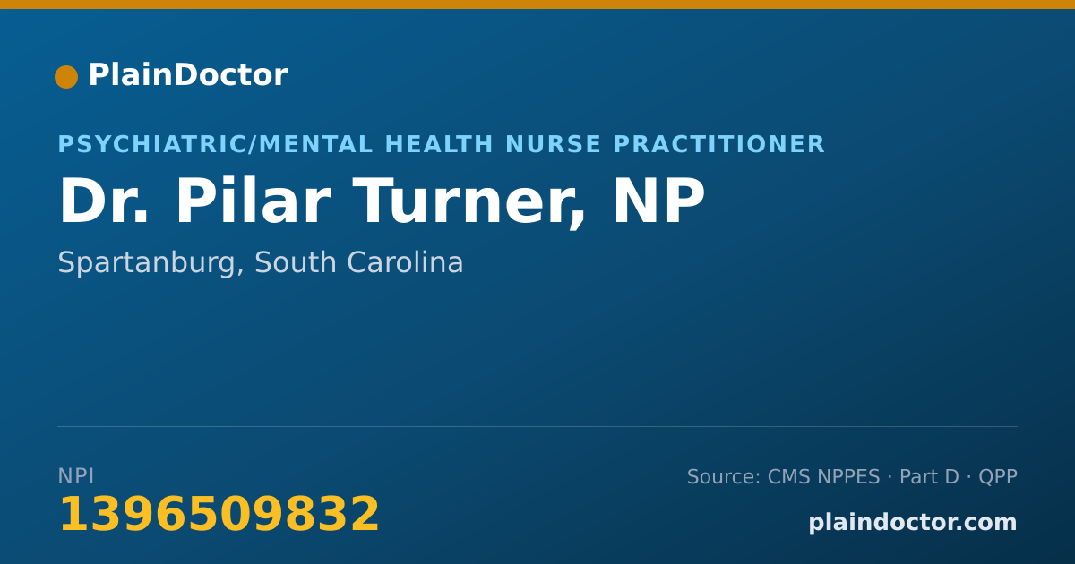 Shareable card for Pilar Turner, NP - Psychiatric/Mental Health Nurse Practitioner, Spartanburg, SC